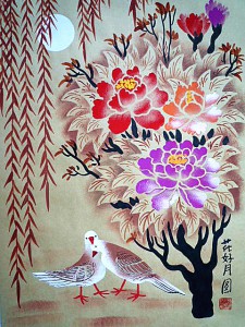 Love-Dove-tree-peony-The-flower-and-bird-painting-Chinese-font-b-folk-b-font-font